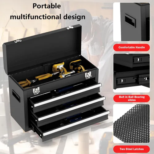 Miniatura 4 de Caja de herramientas portátil de metal con 3 cajones, caja de herramientas metálica portátil con forros EVC y cierres de pestillo, cofre