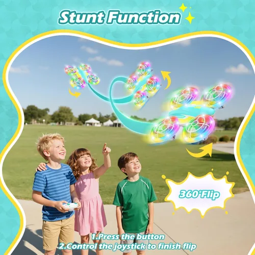 Miniatura 7 de Dron LED RC para niños de 6+, regalo de Navidad y cumpleaños para niños y niñas con baterías, mando a distancia, voltereta de 360°, modo de alta