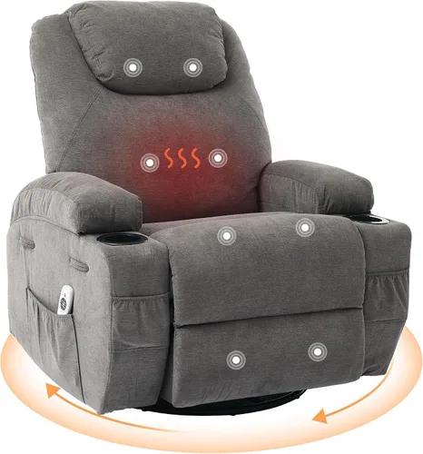 Silla reclinable giratoria de 360° con masaje y calor para adultos, silla reclinable eléctrica con cojín suave y bolsillo lateral, cómoda mecedora