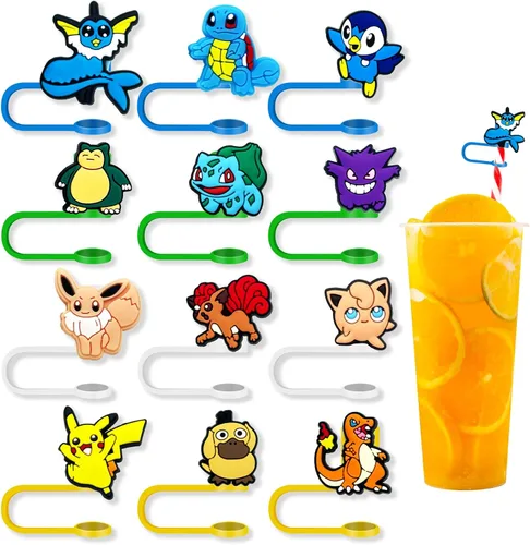 12 piezas de cubiertas para pajitas con tapa para vasos, lindo tapón de pajita de dibujos animados, cubiertas de punta de pajita de silicona para