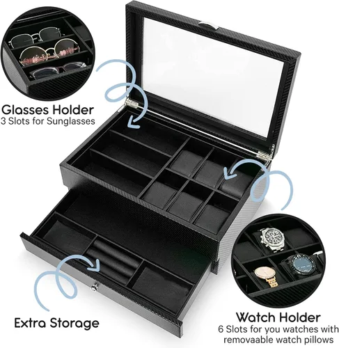 Miniatura 2 de HAUTEROW Caja organizadora de relojes para hombres, caja de joyería, estuche de reloj, organizador de gafas de sol, bandeja de valet, organizador