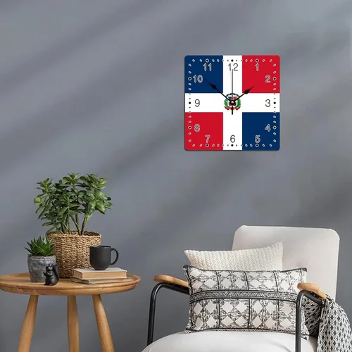 Miniatura 7 de Relojes de pared cuadrados de madera con bandera nacional de la República Dominicana con números arábigos, reloj silencioso sin tictac, funciona
