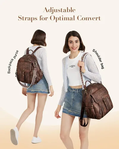 Miniatura 5 de Missnine Mochila de cuero para mujer, mochila antirrobo, bolsa de hombro convertible con cremalleras seguras para viajes y trabajo, Café, Vintage