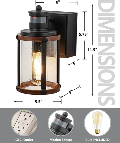 Miniatura 8 de Luces de pared para exteriores con salida GFCI, luces de porche con sensor de movimiento para casa, 3 modos, accesorio de luz exterior del atardecer