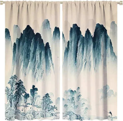 Miniatura 17 de Cortina japonesa con diseño de cerezo en flor, montañas, río, nubes, pinos, paisaje, naturaleza, asiático, anime, oscurecimiento de habitación