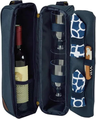 Picnic at Ascot Bolsa de vino aislada con 2 copas de vino, servilletas y sacacorchos, diseñada y montada en los Estados Unidos Azul enrejado