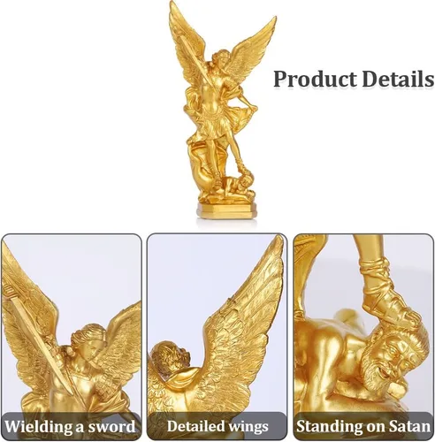 Miniatura 3 de Estatua de San Miguel Arcángel de 31.8 cm en oro, estatua de San Miguel en resina, colección de figuritas del Arcángel Miguel vitoriosamente sobre