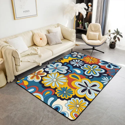 Miniatura 29 de Erosebridal Alfombra de área con tema Groovy de los 70 para sala de estar y dormitorio, alfombra retro con símbolo de paz antideslizante, alfombra