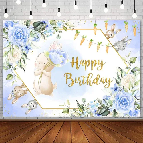 AIBIIN Fondo de fiesta de feliz cumpleaños de 7 x 5 pies, conejito de primavera, Pascua, conejo, floral, mariposa, zanahoria, fondo de fotografía,