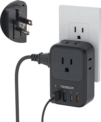 TESSAN Bloque de cargador USB C de 20 W PD, adaptador de carga rápida con enchufe plegable, extensor de toma de corriente de 1875 W (4 CA y 4 USB)
