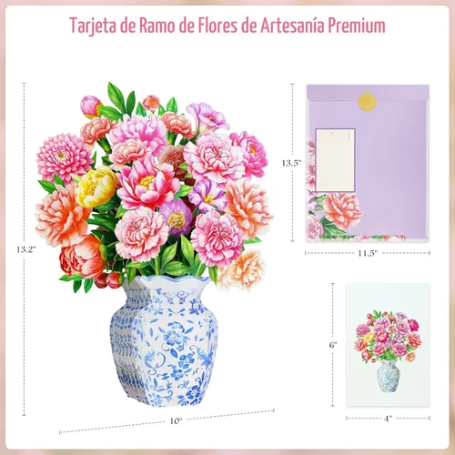 Miniatura 5 de WhatSign Tarjeta de feliz día de la madre con flores emergentes, impresionante ramo de peonías 3D para mamá, abuela, hija, hermana, tía, tarjetas