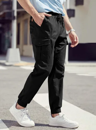 Miniatura 8 de JMIERR Pantalones cargo de moda para hombre, casuales, de algodón, elásticos, de sarga con cordón, pantalones deportivos con 6 bolsillos