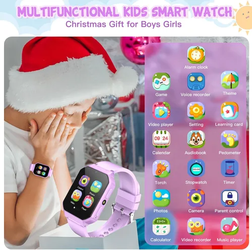 Miniatura 2 de Reloj inteligente para niños de 3 a 12 años y niñas, 26 juegos de rompecabezas, reloj inteligente con cámara, podómetro, cronómetro, reproductor