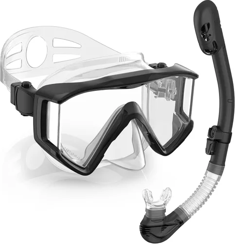 Miniatura 15 de Greatever Juego de esnórquel Pano de 3 ventanas para adultos, vista panorámica amplia, máscara de buceo antivaho, antifugas, gafas de esnórquel