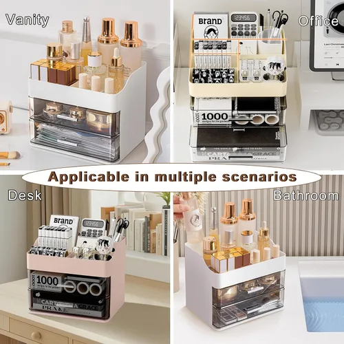 Miniatura 6 de DASITON Organizador de maquillaje con 2 cajones, organizador de cosméticos de maquillaje de gran capacidad para tocador, tocador de baño