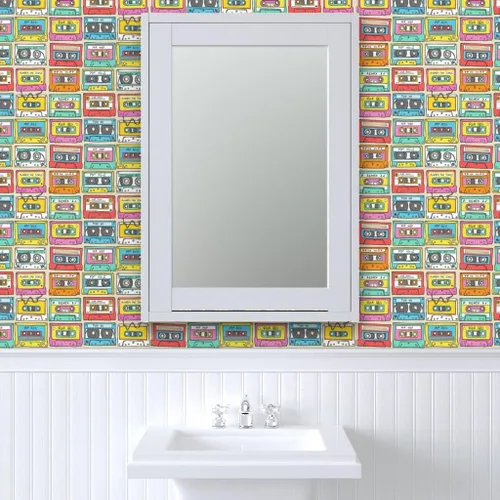 Miniatura 9 de Muestras de papel tapiz extraíbles, cinta de mezcla de música más pequeña, retro vintage de los años 90, papel pintado prepegado personalizado por