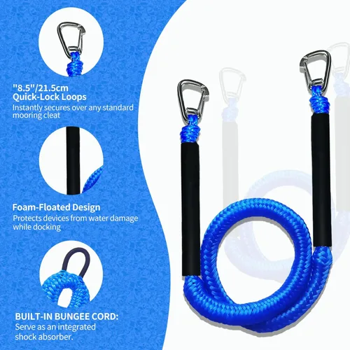 Miniatura 3 de Blue Bungee Dock Lines Paquete de 2 con ganchos dobles y tubos flotantes - Cuerdas de barco resistentes para moto acuática, pontón, kayak, 4 pies a