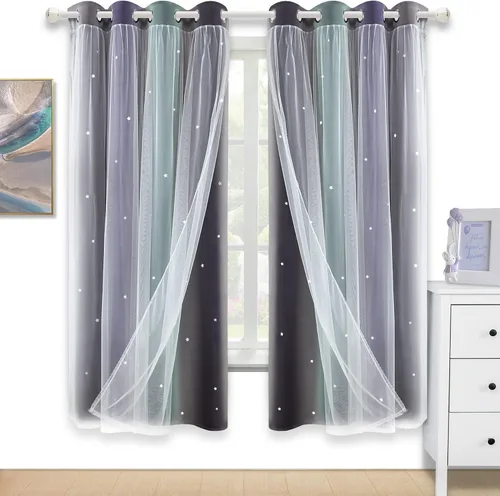 Miniatura 20 de Cortinas opacas con recorte de estrellas y arcoíris para guardería/habitación de niños/niñas, con superposición de tul, 2 paneles, cada una de 52