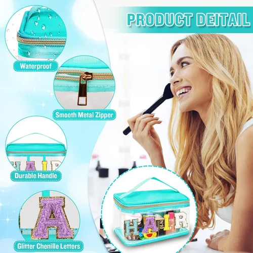 Miniatura 9 de izuzta Bolsas de maquillaje transparentes con letras de chenilla, bolsa de maquillaje de parche preppy con asa