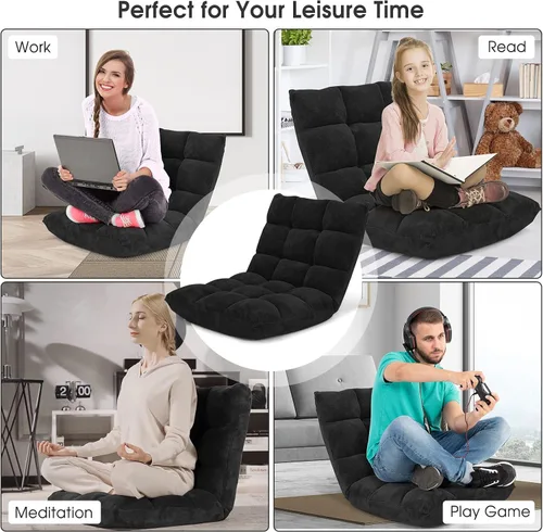 Miniatura 6 de Silla de suelo ajustable de 14 posiciones, silla acolchada para juegos, sofá plegable transformable, sofá perezoso de respaldo alto, ideal para Negro