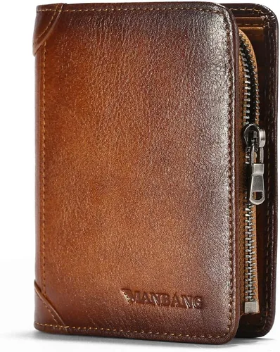 Billetera para hombre con cremallera de cuero genuino RFID tarjeteros de piel de vaca con cremallera bolsillo para monedas, carteras plegables para