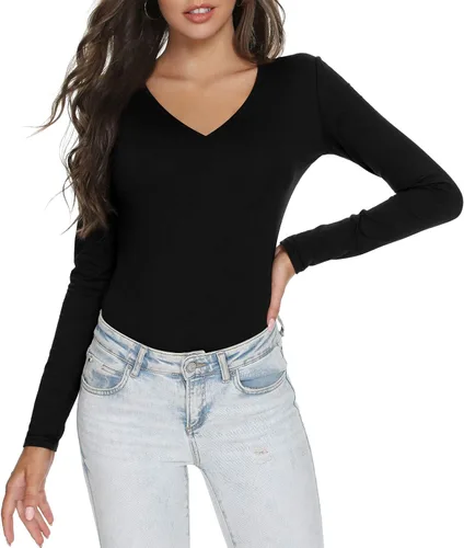 Miniatura 2 de LINDLOOK Camiseta de manga larga ajustada con cuello en V y cuello redondo para mujer, camiseta básica de algodón suave