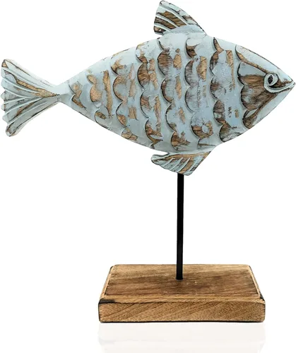 Miniatura 10 de Beau - Estatua de pescado de mantequilla en base Escultura de pescado de madera hecha a mano para casa náutica de playa, centro de mesa rústico