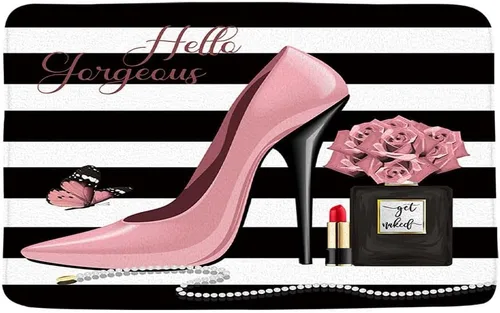 Miniatura 3 de Tapete de baño de tacón alto, color rosa, con lápiz labial, perfume, flor, Hello Gorgeous Fashion Maquillaje, lindo, para niñas y mujeres, tapete