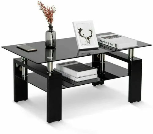 Mesa de centro rectangular de vidrio, mesa de centro lateral de patas de madera de ingeniería moderna con estante inferior, mesa de centro de vidrio