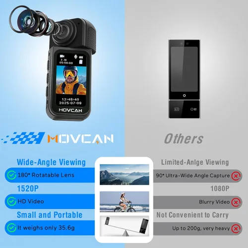 Miniatura 7 de Movcan Cámara corporal S70 con grabación de audio y video, cámara corporal HD 1520P con lente giratoria de 180°, cámara de grabación manos libres