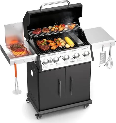 Miniatura 13 de SKOK Parrilla de gas propano de 4 quemadores con quemadores laterales y traseros infrarrojos, parrilla de barbacoa al aire libre con rejillas