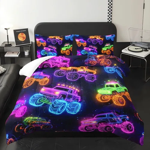 Edredón Colorido de Neón de Camión de Carreras Todoterreno 3 Piezas Tamaño Twin Juego de Ropa de Cama de Coche de Carreras de Velocidad Genial para