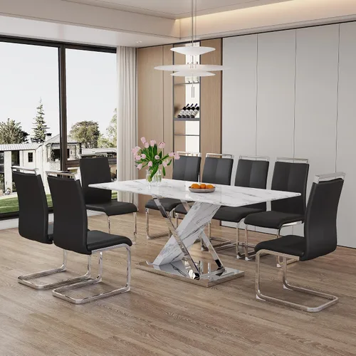 Miniatura 13 de Juego de mesa de comedor de mármol para mesa rectangular blanca de 4.63 pulgadas con marco de metal plateado en forma de X y 4 sillas de comedor