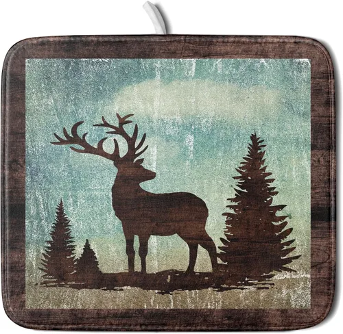 Miniatura 40 de Giwawa Tapete de Secado de Platos Retro Silueta de Cabaña del Bosque de Ciervos para Encimera 18 x 24 pulgadas Otoño Cielo Azul Nube Dibujos