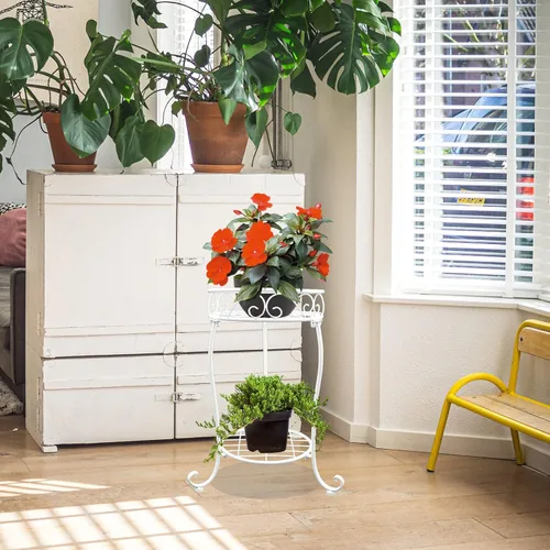 Miniatura 5 de NAKUPE Soporte de metal para plantas blanco, estante de 2 niveles para macetas de 18.5 pulgadas de alto, estante para macetas de flores resistente