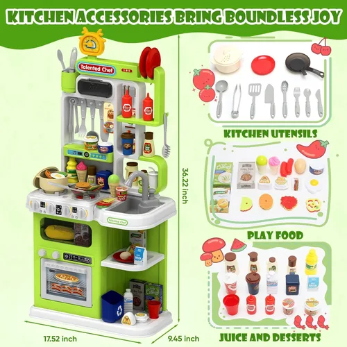 Miniatura 6 de DRAMATION Juego de Cocina para Niños, Cocina de Juego de 36.22'' para Niños Pequeños de 1-3 con Vapor, Sonido y Luz, Estufa de Cocina, Fregadero