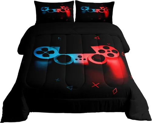 Miniatura 29 de Juego de edredón de videojuegos para niños, niñas y hombres, juego de ropa de cama con estampado de consola de videojuegos negro, decoración
