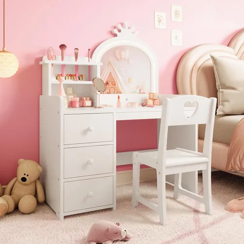 GarveeHome Escritorio de tocador para niños con espejo y luces, tocador de madera de princesa blanca con silla, estantes de almacenamiento y White1