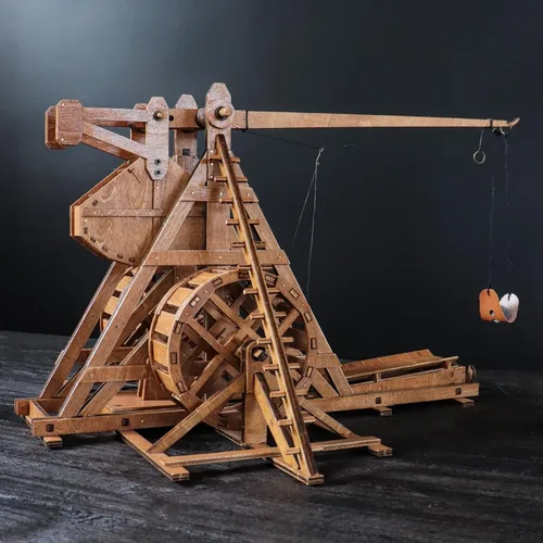 Miniatura 8 de Mini contrapeso Trebuchet con ruedas Europa Medieval Siege Carro Catapulta Armas DIY 3D Rompecabezas de madera Kits de modelos mecánicos Proyectos