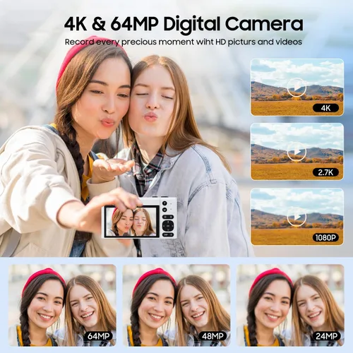 Miniatura 2 de Cámara digital 4K, cámara de vlogging de 64MP para fotografía con pantalla abatible de 180° de 3 pulgadas, cámara digital compacta 16X con tarjeta