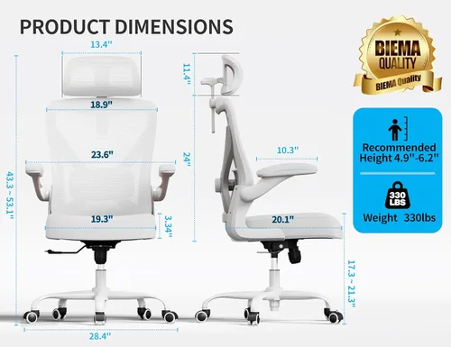 Miniatura 2 de Silla de oficina ergonómica blanca: Silla de escritorio de malla cómoda con soporte lumbar ajustable Silla de juegos de computadora de respaldo alto