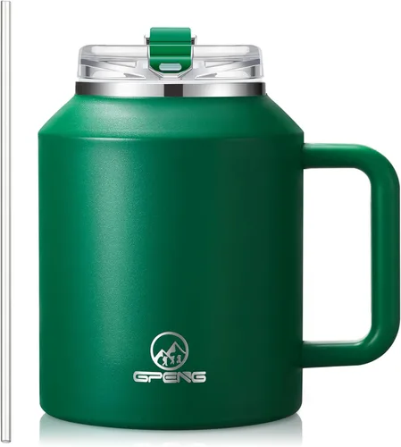 Miniatura 18 de Gpeng 30/40/50 oz Vaso con asa, botellas de agua con tapa de popote, taza de viaje de acero inoxidable aislada compatible con portavasos, mantiene