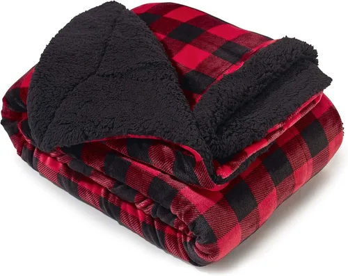 Miniatura 6 de Manta Sherpa súper suave, reversible, ultra lujosa, manta de felpa de 60 x 70 pulgadas, diseño de cuadros búfalos, rojo/negro Gris / Blanco