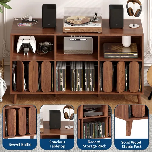 Miniatura 7 de Soporte grande para tocadiscos, mesa de tocadiscos, soporte de almacenamiento de discos de vinilo, organizador de armarios con toma de corriente