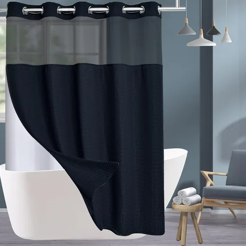 Miniatura 11 de Conbo Mio Cortina de ducha sin ganchos de tela de gofre con forro extraíble, lujosa para hotel, azul oscuro, para baño con ventana transparente