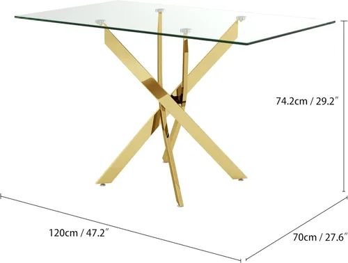 Miniatura 3 de Mesa de comedor de vidrio dorado templado de 47.2 pulgadas para 4 personas, mesa de cocina rectangular de vidrio con patas cromadas, mesa de comedor