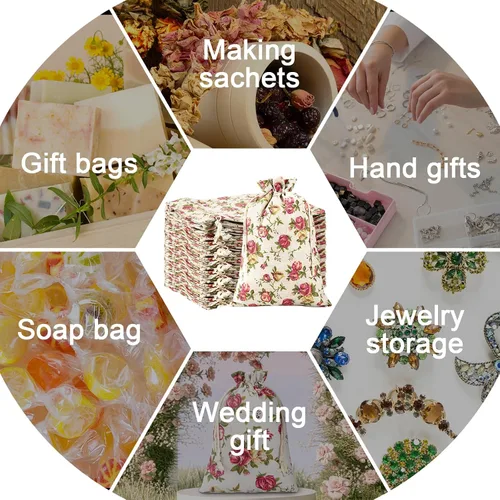 Miniatura 4 de Pangda 30 Piezas Bolsas con Cordón de Rosas Tamaño Pequeño Bolsa de Arpillera con Flores Bolsillo de Lino para Regalos Bolsa para Joyas para Bodas