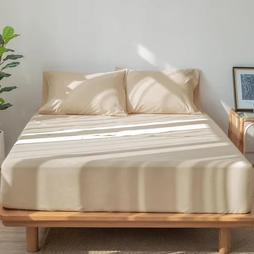 Miniatura 4 de MooMee - Juego de sábanas 100% algodón lavado, textura parecida al lino, transpirable, duradero, suave y cómodo (color beige arenoso, tamaño queen)