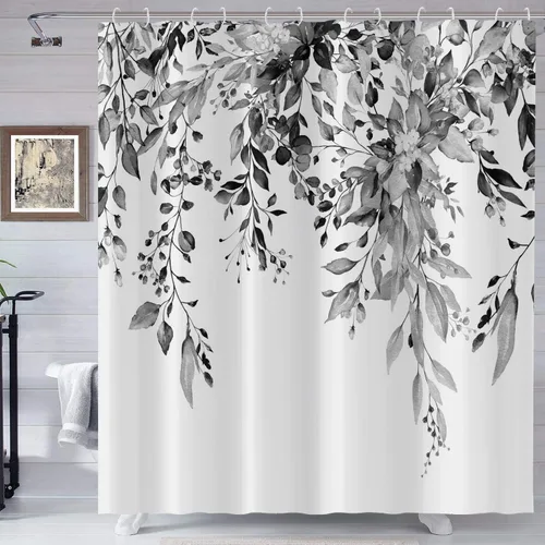 Miniatura 21 de Cortina de ducha de eucalipto, hojas verdes de acuarela en la parte superior con cortina de baño floral, decoración de baño para bañera, tela Hoja