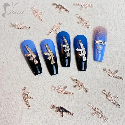 Miniatura 3 de Juego de 40 dijes de aleación 3D para uñas, pistola de metal brillante con diamantes de imitación, dijes de arte de uñas AK para armas, diamantes